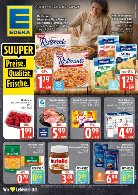 Edeka Nord Prospekt ab 14.09.2026 (KW 38) Edeka Nord Prospekt ab 14.09.2026 Seite 1 für Ristorante Pizza, Milram Käse, Kasseler, Nutella und Mövenpick Kaffee