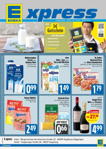 Edeka Xpress Prospekt ab 14.09.2026 (KW 38) Edeka Xpress Prospekt ab 14.09.2026 Seite 1 für Weihenstephan Milch, Alpro Drink, Manner Waffeln und Delverde Pasta