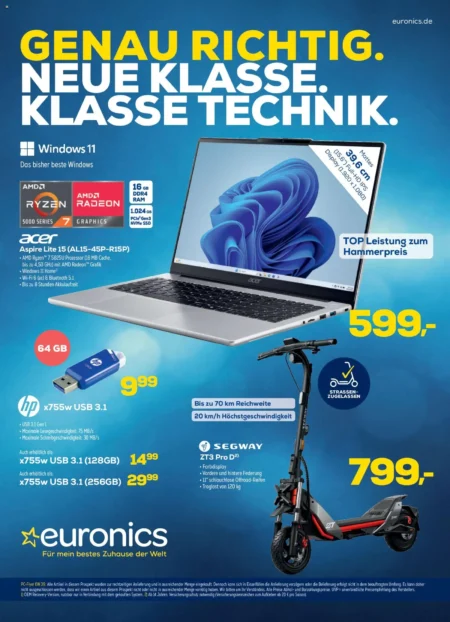 Euronics Angebote im Prospekt ab 23.09.2026 (KW 39 und KW 40) Euronics Angebote ab 23.09.2026 Seite 1 mit Angeboten für Acer Aspire Laptop, HP USB-Stick und Segway E-Scooter.