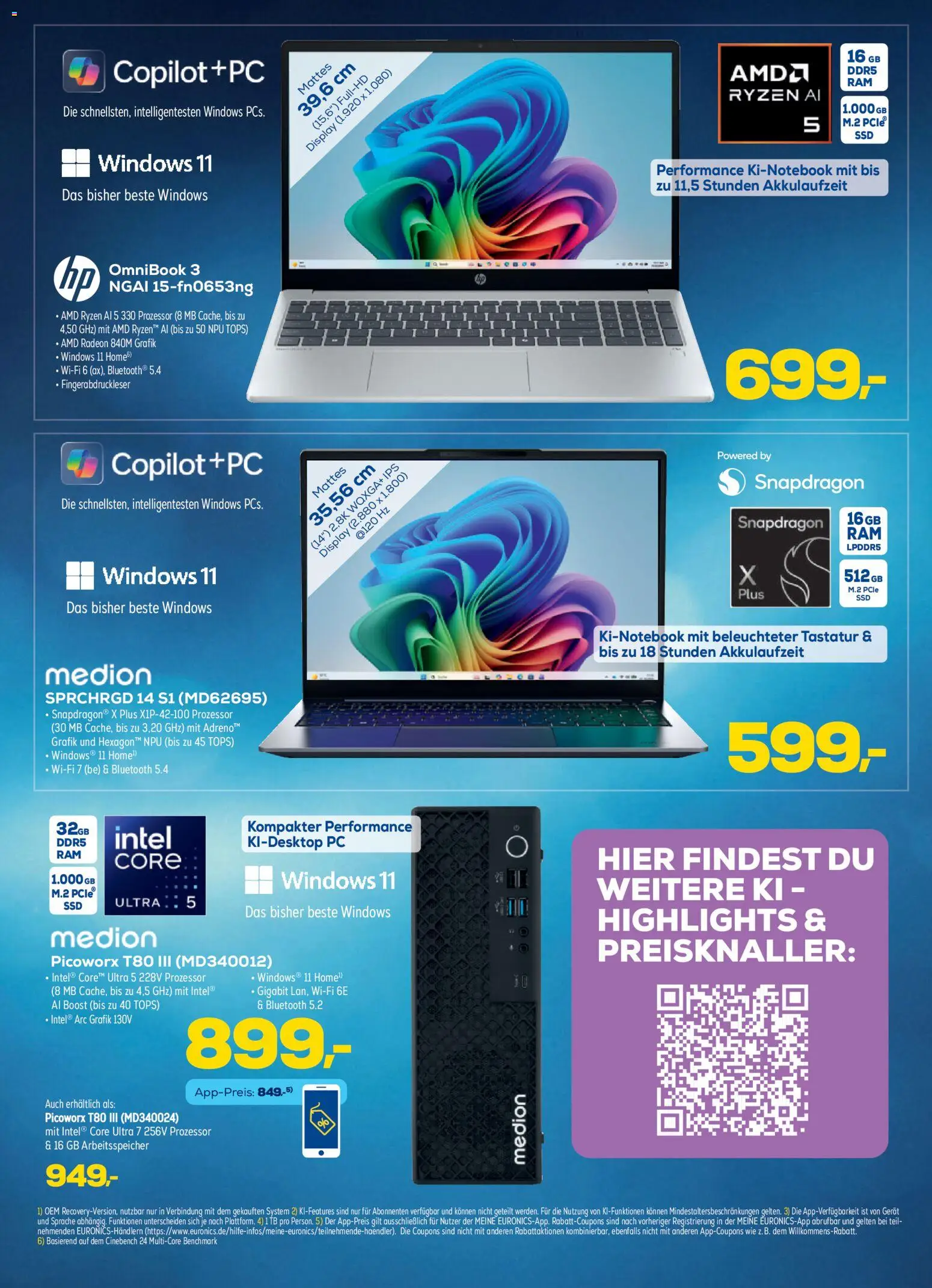 Euronics Angebote ab 23.09.2026 Seite 3 mit Angeboten für HP OmniBook 3, Medion Copilot+ PC und Medion Desktop PC.