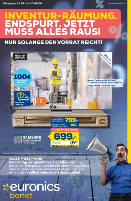 Euronics Berlet Prospekt ab 24.09.2026 (KW 40) Euronics Berlet Angebote ab 24.09.2026 Seite 1 mit angeboten für Samsung 65 Zoll Neo QLED TV.