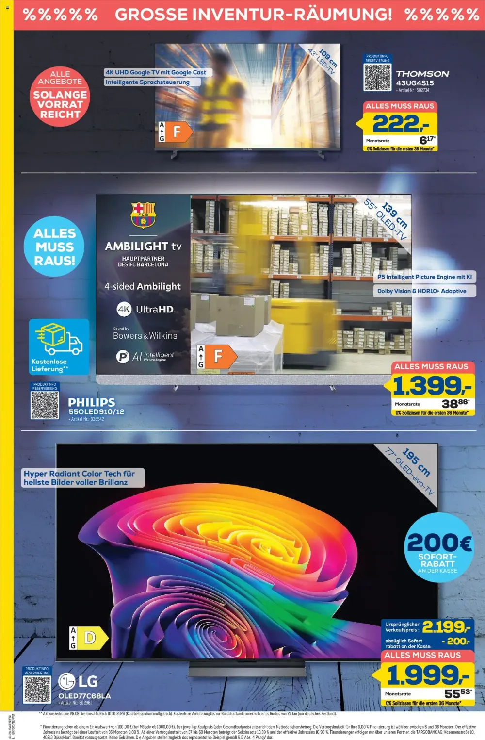 Euronics Berlet Angebote KW 40 Seite 2 mit angeboten für Thomson LED-TV, Philips Ambilight OLED TV und LG OLED TV.