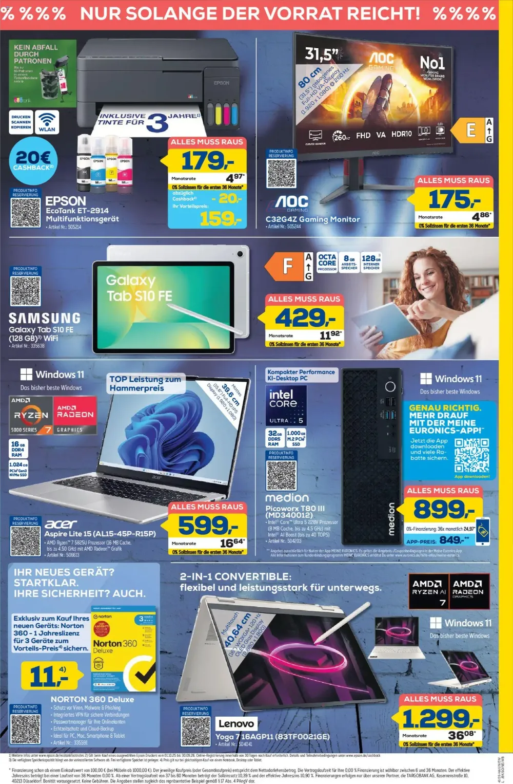 Euronics Berlet Angebote KW 40 Seite 7 mit angeboten für Epson Drucker, AOC Monitor, Samsung Galaxy Tab und Laptops.