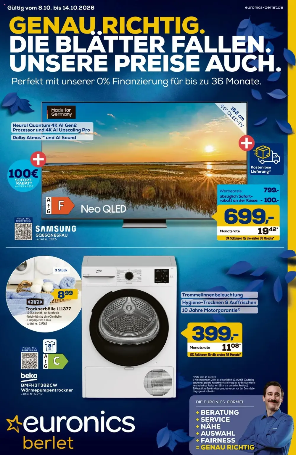 Euronics Berlet Prospekt ab 08.10.2026 Seite 1 mit Samsung Neo QLED TV, Beko Wärmepumpentrockner & Xavax Trocknerbällen