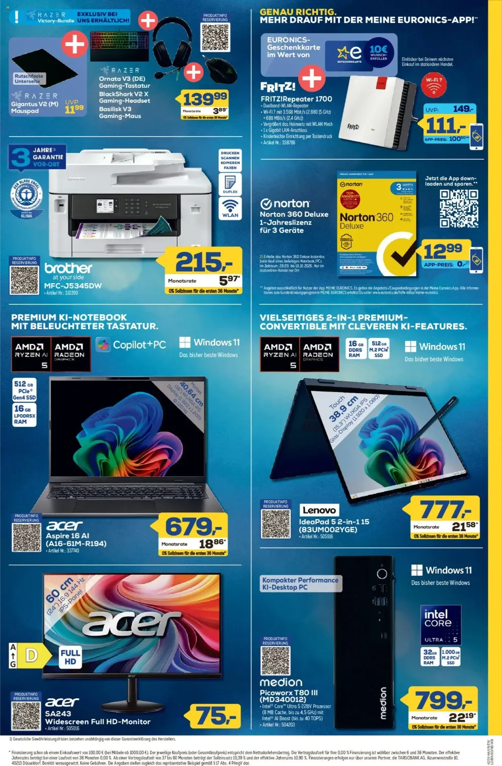 Euronics Berlet Prospekt KW 41 Seite 7 mit Brother Drucker, FRITZ!Repeater, Acer Laptop & Medion PC
