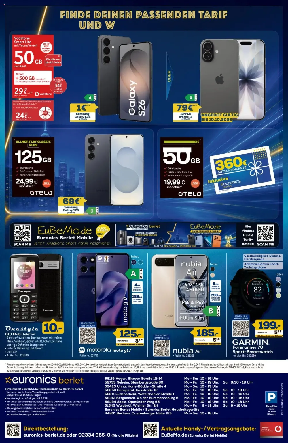 Euronics Berlet Prospekt KW 41 Seite 8 mit Samsung Galaxy S26, Apple iPhone 17, Motorola moto g17 & Garmin Smartwatch