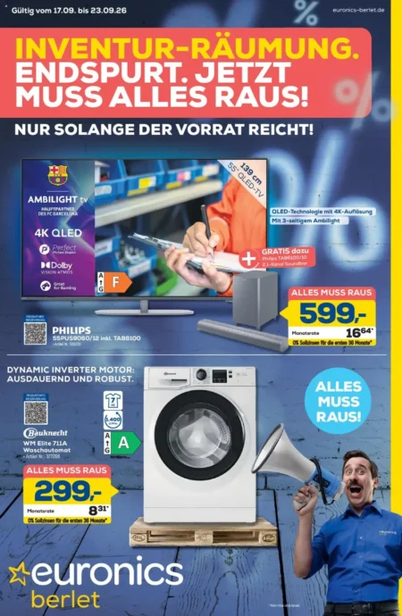 Euronics Berlet Prospekt ab 17.09.2026 (KW 38) Euronics Berlet Prospekt ab 17.09.2026 Seite 1 mit Philips Ambilight TV und Bauknecht Waschmaschine