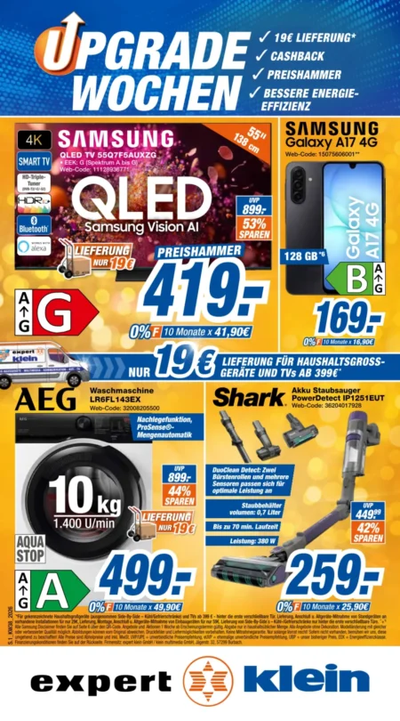 Expert Klein Prospekt ab 12.09.2026 (KW 38) Expert Klein Prospekt ab 12.09.2026 Seite 1 mit Samsung QLED TV, Galaxy A17, AEG Waschmaschine und Shark Staubsauger
