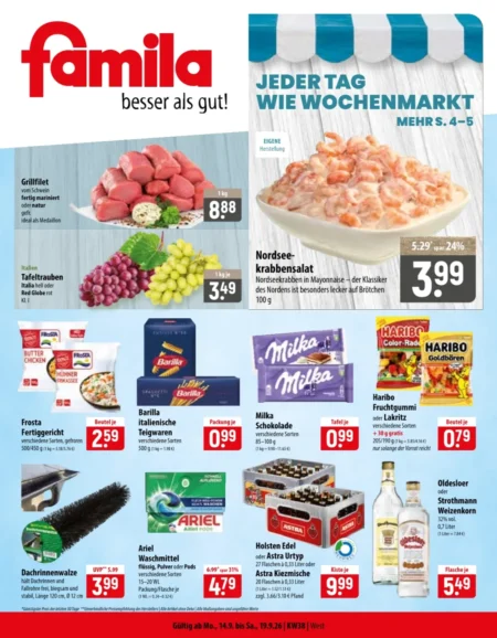 Famila Nordost Prospekt ab 14.09.2026 (KW 38) Famila Nordost Prospekt ab 14.09.2026 Seite 1 mit Schweine-Grillfilet, Krabbensalat, Milka Schokolade und Ariel