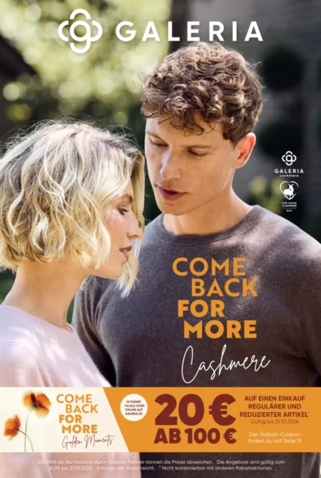 Galeria Karstadt Prospekt ab 16.09.2026 (KW 38) Galeria Prospekt ab 16.09.2026 Seite 1 mit Cashmere Pullovern für Damen und Herren sowie Rabatt-Coupon