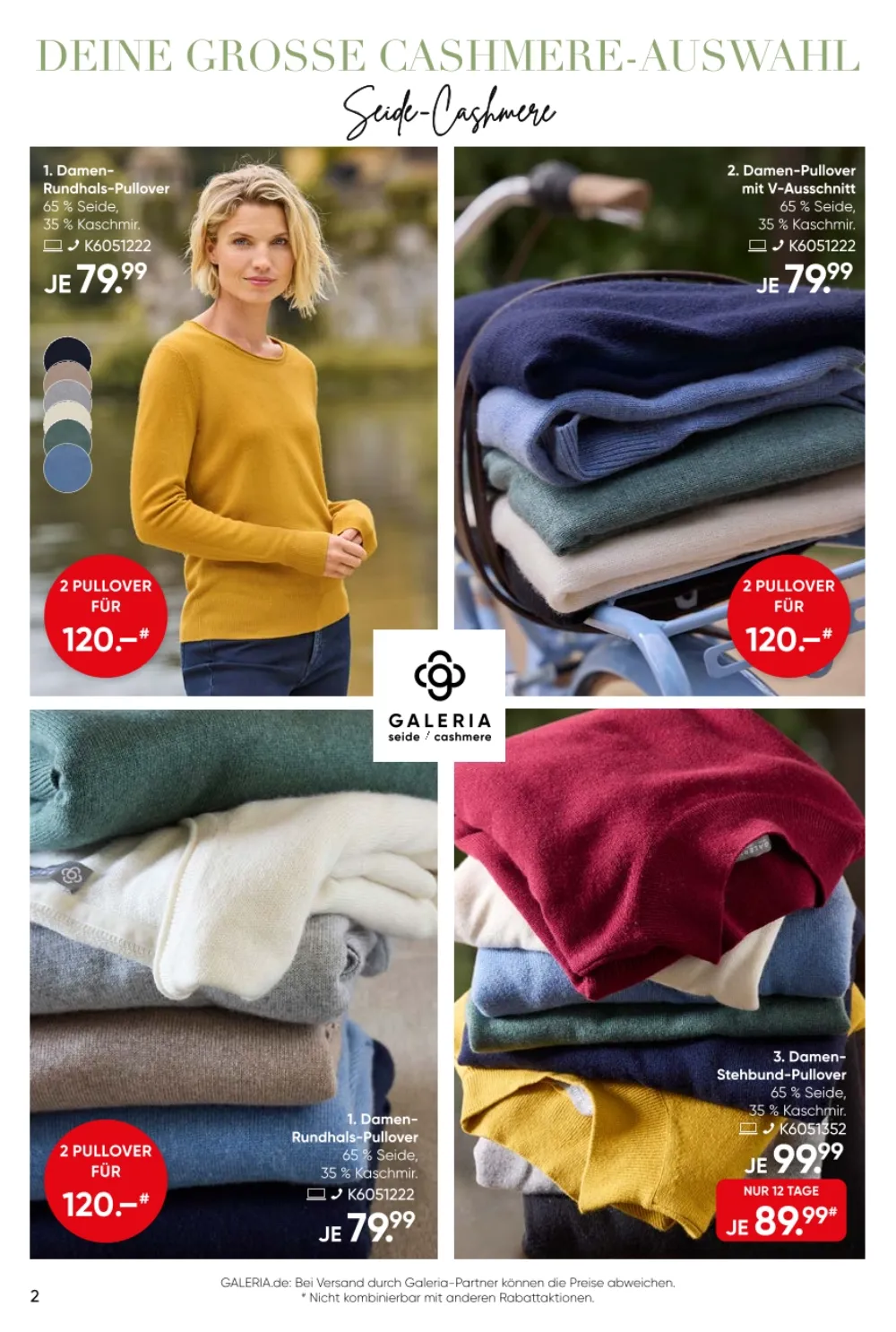 Galeria Prospekt KW 38 Seite 2 mit Seide-Cashmere Damen-Pullovern, Rundhals-Pullovern und Stehbund-Pullovern