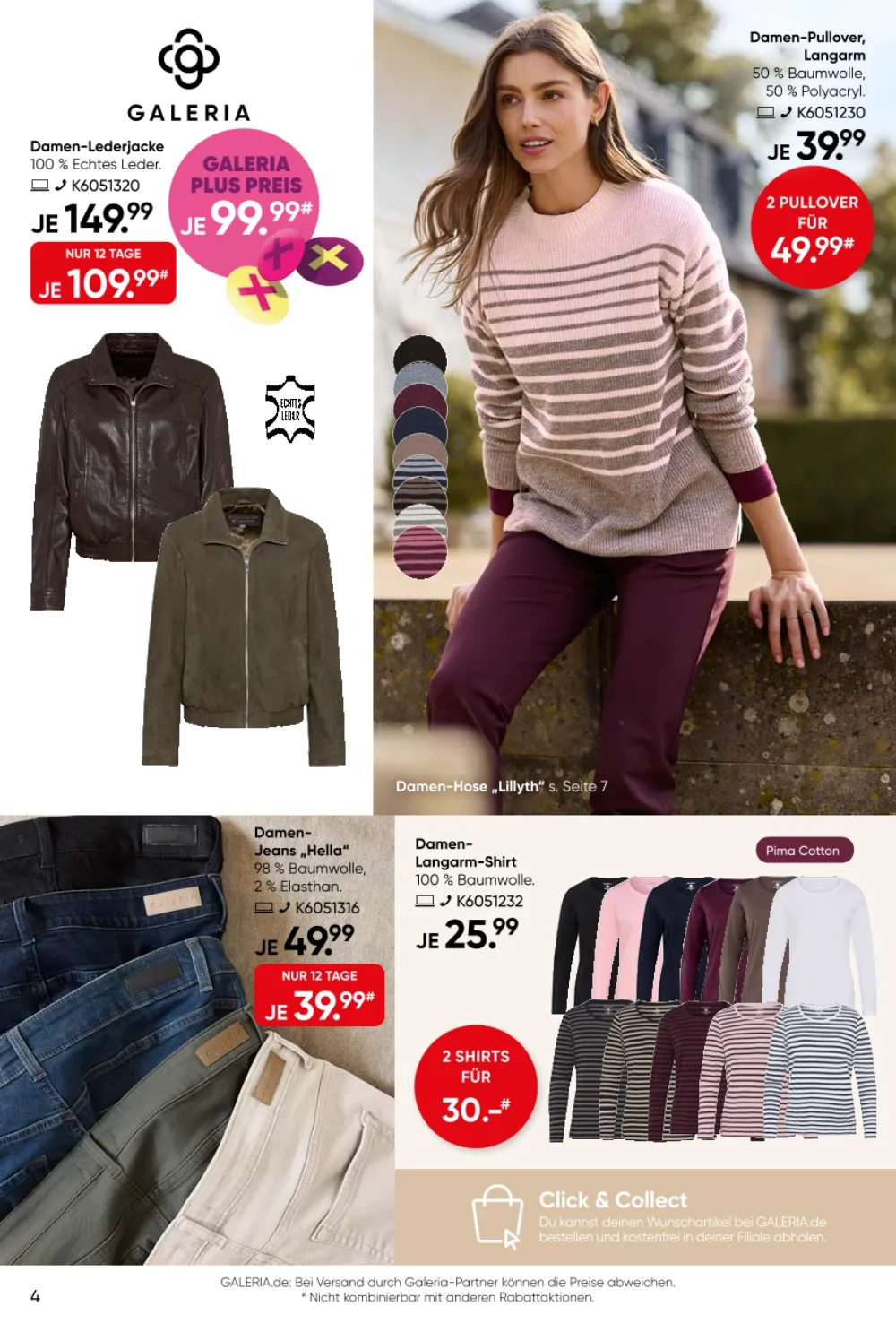 Galeria Prospekt KW 38 Seite 4 mit Damen-Lederjacke, Langarm-Pullovern, Jeans Hella und Shirts