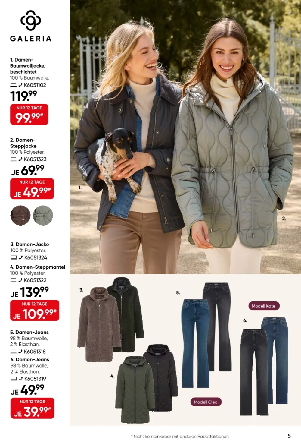 Galeria Prospekt KW 38 Seite 5 mit Damen-Baumwolljacke, Steppjacke, Steppmantel und Jeans