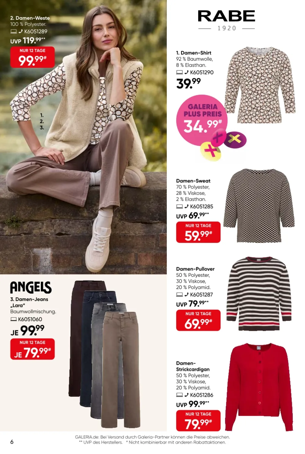 Galeria Prospekt KW 38 Seite 6 mit Rabe Damen-Shirts, Westen, Strickcardigan und Angels Jeans