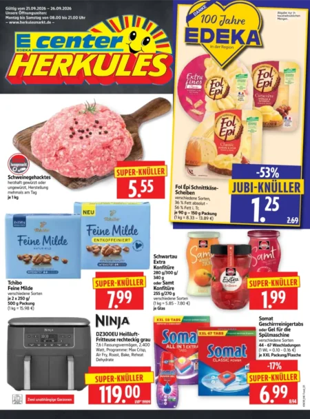 Herkules E Center Prospekt ab 21.09.2026 (KW 39) Herkules E-Center Prospekt ab 21.09.2026 Seite 1 mit Schweinehackfleisch, Fol Epi, Tchibo Kaffee, Schwartau und Somat.