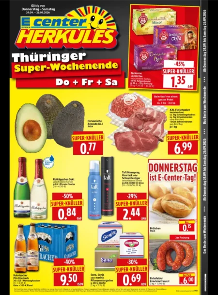 Herkules E Center Wochenendangebote im Prospekt ab 24.09.2026 (KW 39) Herkules E-Center Wochenangebote ab 24.09.2026 Seite 1 mit Angeboten für Teekanne Tee, Avocados, Sekt und Kulmbacher Bier.