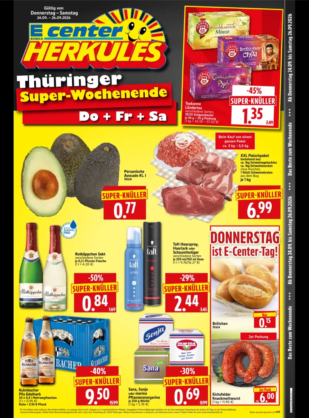 Herkules E-Center Wochenangebote ab 24.09.2026 Seite 1 mit Angeboten für Teekanne Tee, Avocados, Sekt und Kulmbacher Bier.