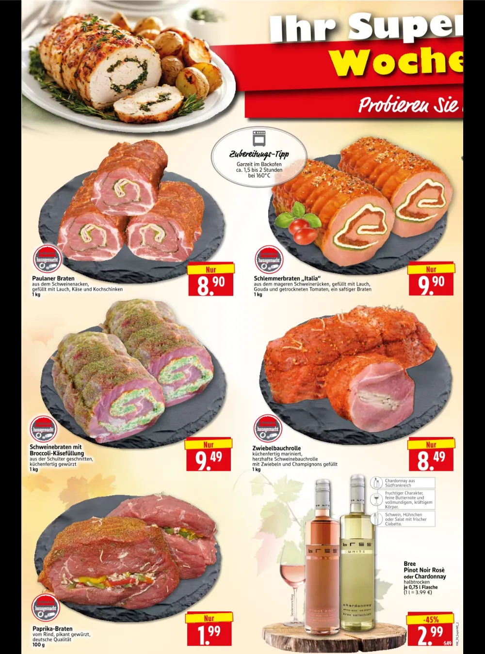 Herkules E-Center Wochenangebote KW 39 Seite 2 mit Angeboten für Paulaner Braten, Schlemmerbraten, Bauchrolle und Wein.
