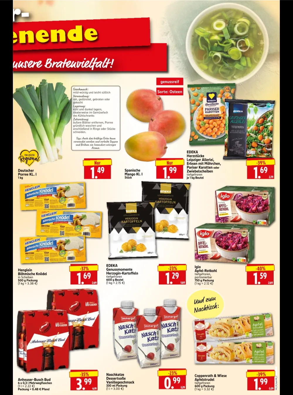 Herkules E-Center Wochenangebote KW 39 Seite 3 mit Angeboten für Porree, Mango, Knödel, Apfel-Rotkohl und Apfelstrudel.