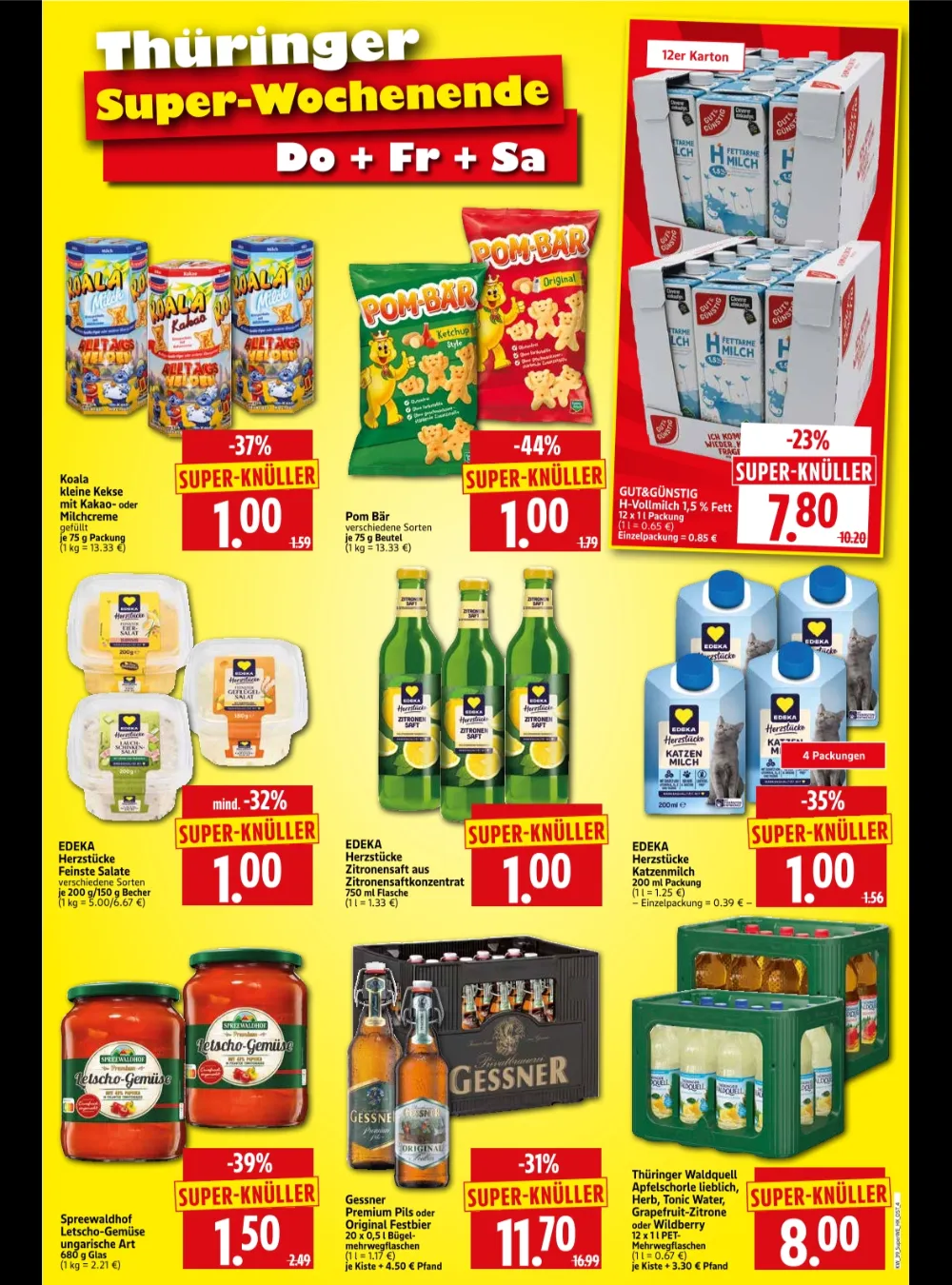 Herkules E-Center Wochenangebote KW 39 Seite 4 mit Angeboten für Pom Bär, H-Vollmilch, Letscho-Gemüse und Gessner Pils.
