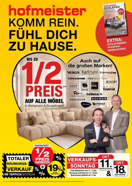 Hofmeister Prospekt ab 12.10.2026 (KW 42–44) Hofmeister Angebote ab 12.10.2026 Seite 1 mit angeboten für Sofas, Rabatt-Aktionen & verkaufsoffenen Sonntag