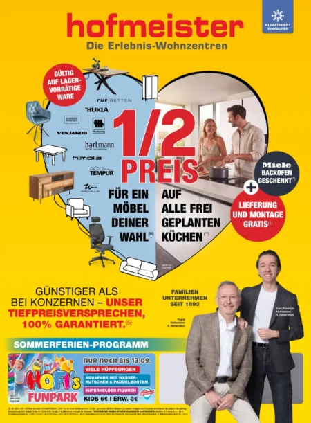 Hofmeister Angebote im Prospekt KW 36–38 ab 31.08.2026 Hofmeister Prospekt ab 31.08.2026 Seite 1 mit Möbelrabatt, Küchenaktion, Miele Backofen und Funpark