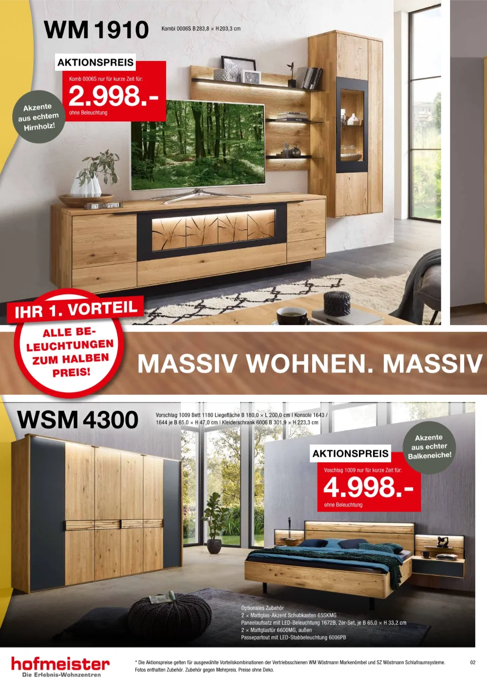 Hofmeister Prospekt KW40-44 Seite 2 mit Wöstmann Wohnwand WM 1910 und WSM 4300 Schlafzimmer aus Balkeneiche.