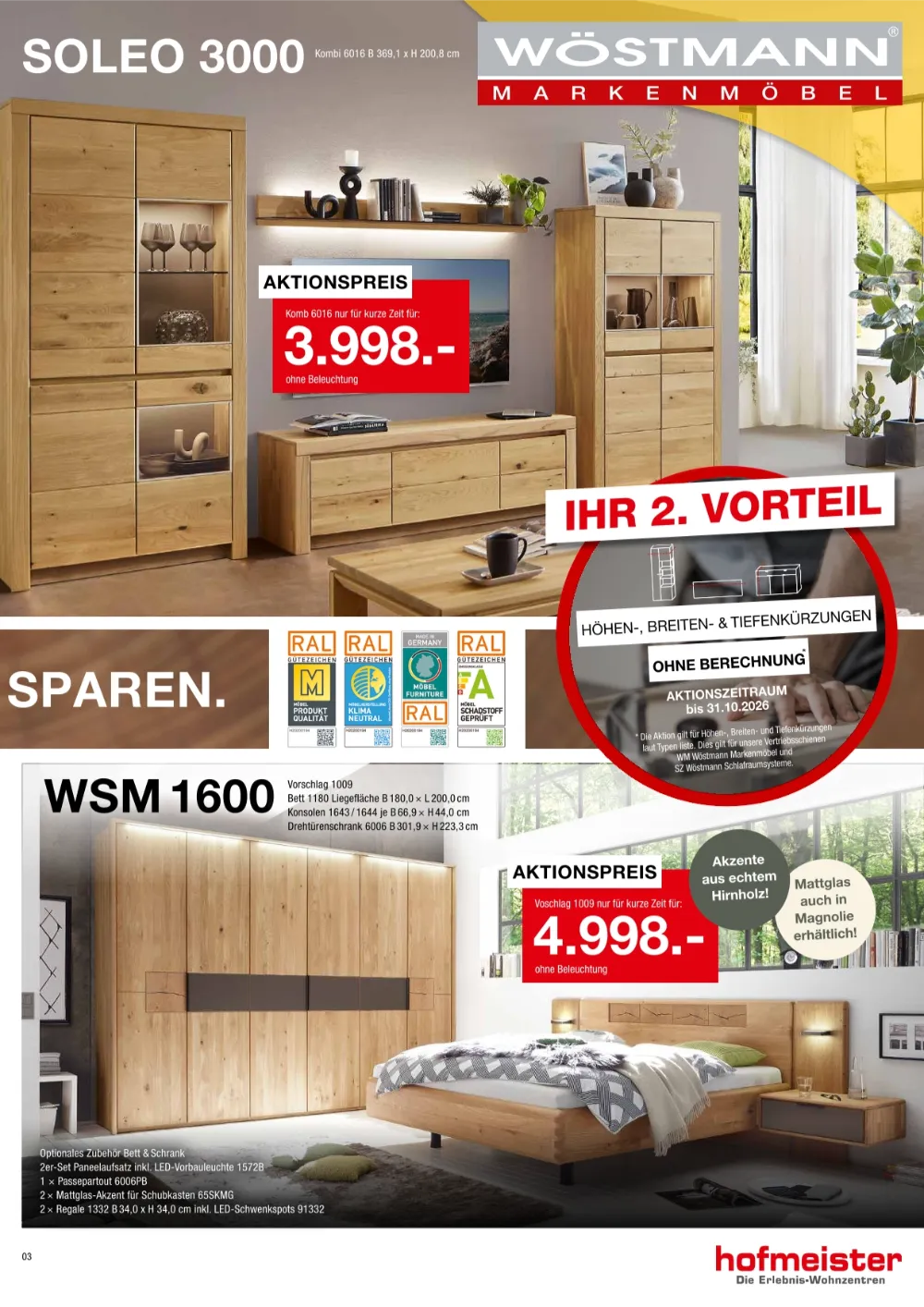 Hofmeister Prospekt KW40-44 Seite 3 mit Wöstmann Soleo 3000 Wohnwand und WSM 1600 Schlafzimmer-Möbeln.