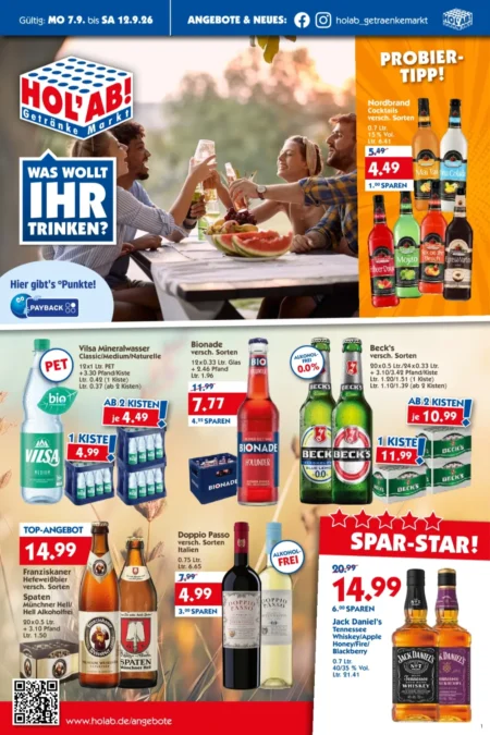 HOL’AB! Angebote im Prospekt ab 07.09.2026 (KW 37) Holab Angebote ab 07.09.2026 Seite 1 mit Vilsa Mineralwasser, Bionade, Beck's, Franziskaner, Spaten, Doppio Passo und Jack Daniel's.