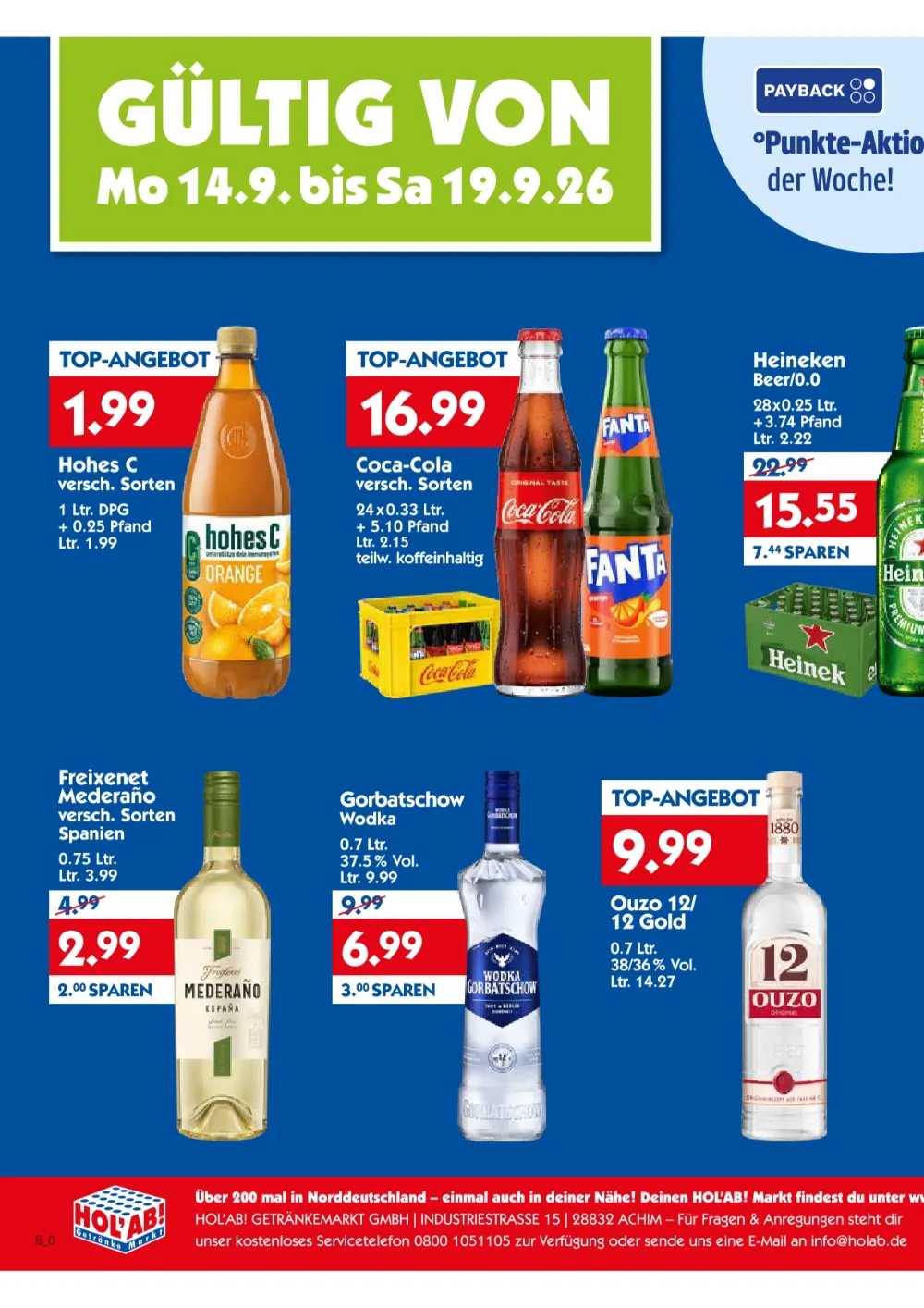 HOL'AB! Prospekt ab 14.09.2026 Seite 1 mit Hohes C, Coca-Cola, Fanta, Heineken, Freixenet und Gorbatschow Wodka