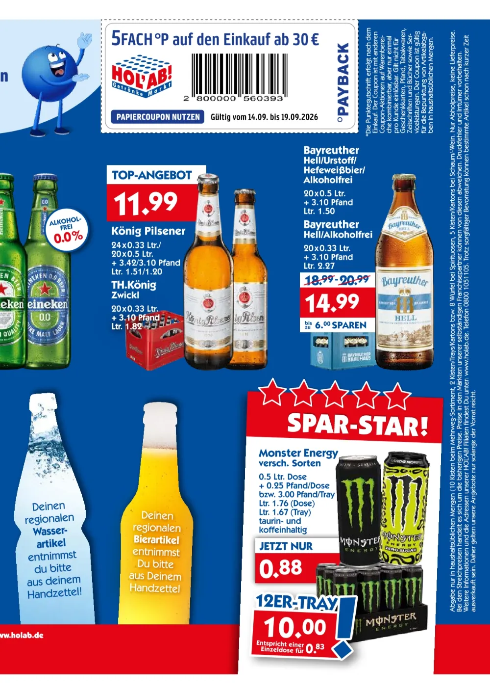 HOL'AB! Prospekt KW 38 Seite 2 mit König Pilsener, TH.König Zwickl, Bayreuther Hell und Monster Energy