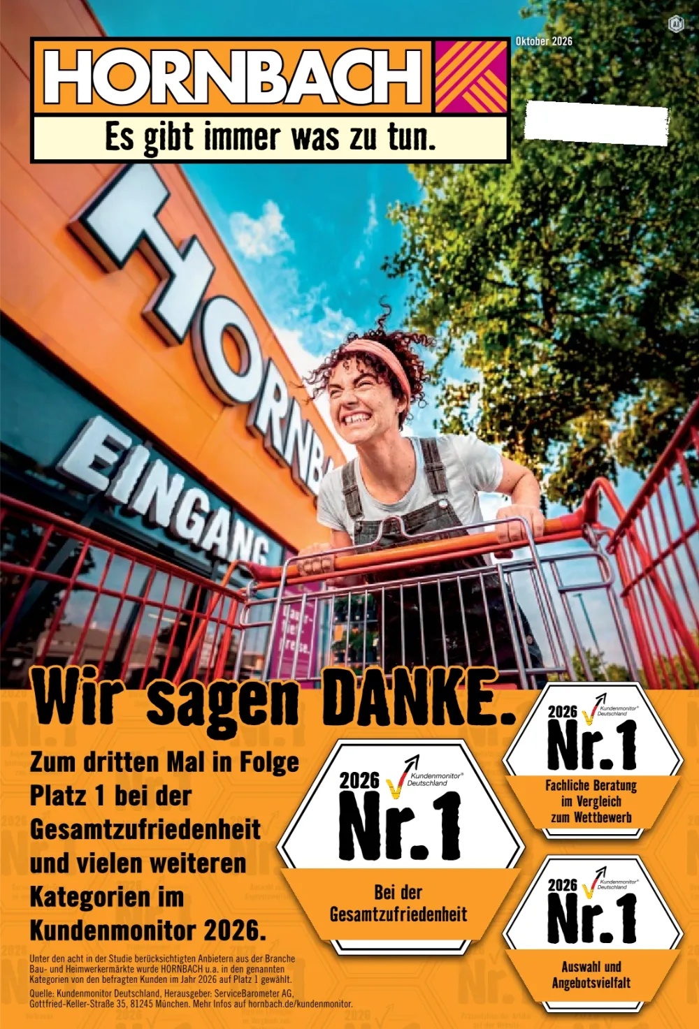 Hornbach Prospekt ab 01.10.2026 Seite 1 mit Kundenmonitor 2026 Auszeichnungen für Gesamtzufriedenheit & Beratung