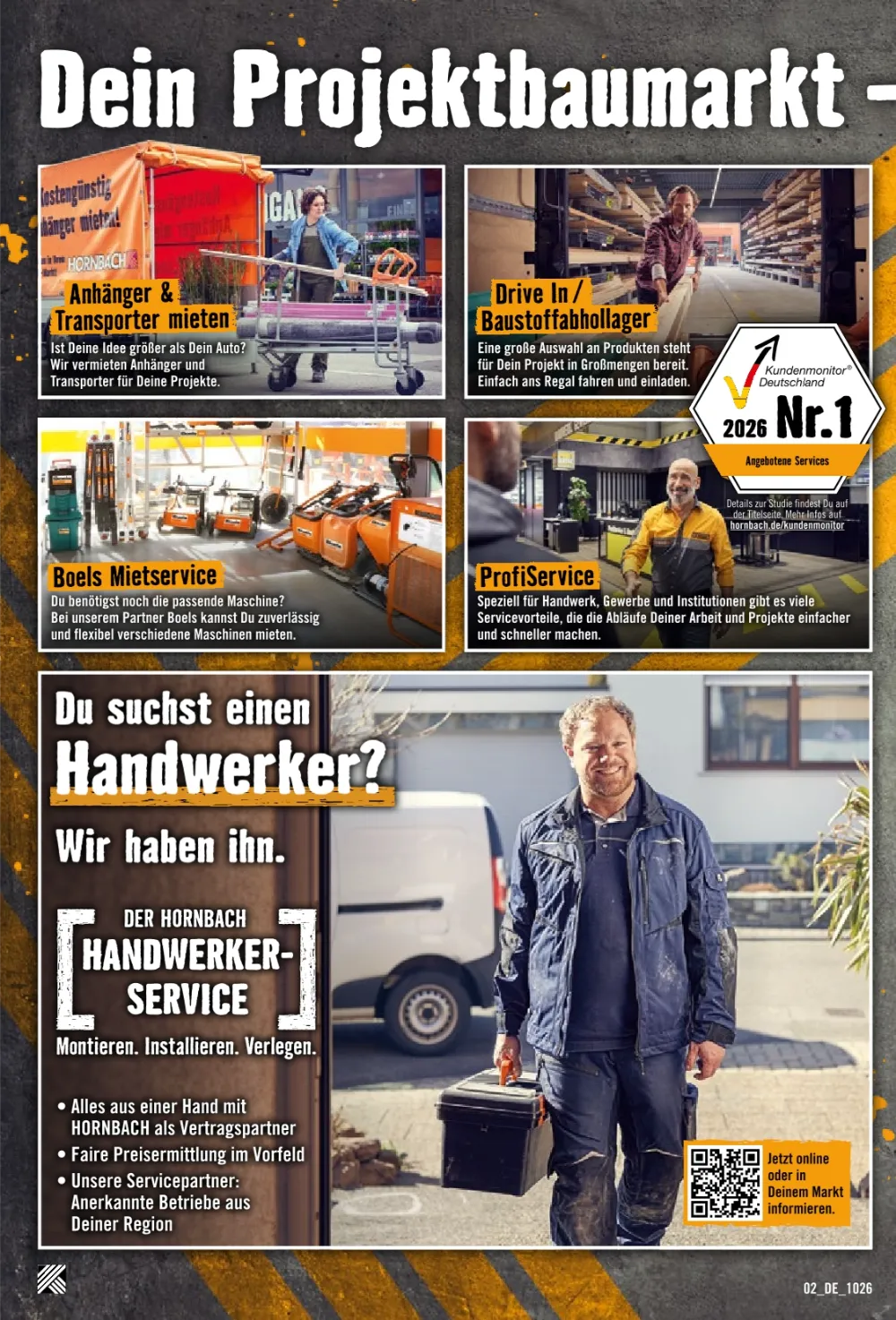 Hornbach Prospekt Oktober 2026 Seite 2 mit Transportervermietung, Drive In Baustofflager & Handwerker-Service