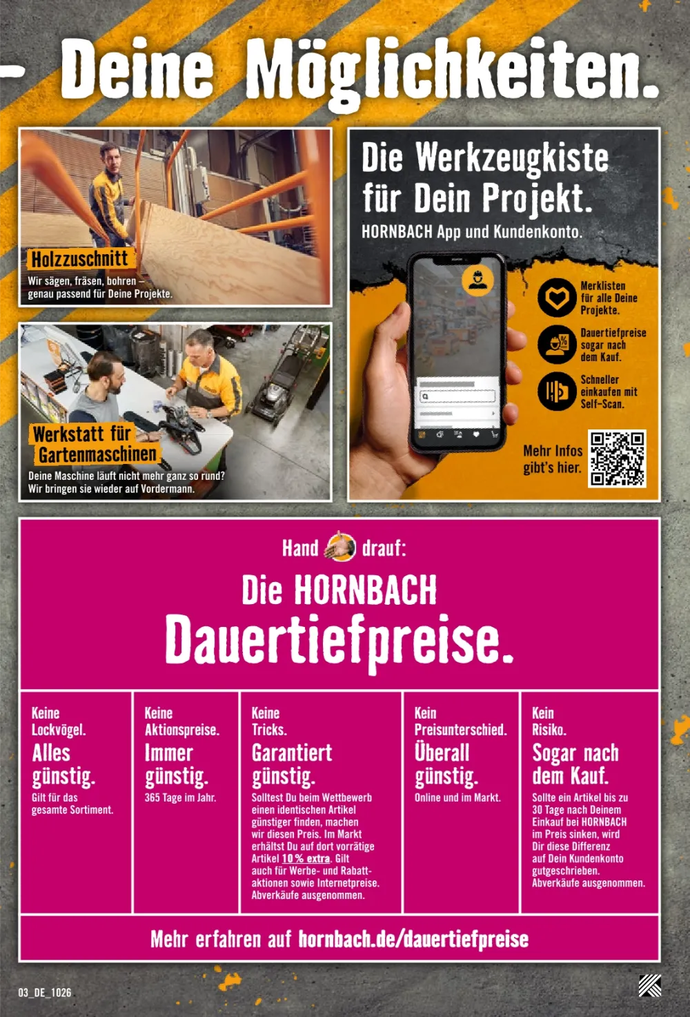 Hornbach Prospekt Oktober 2026 Seite 3 mit Holzzuschnitt, Gartengeräte-Werkstatt, App-Funktionen & Dauertiefpreisen