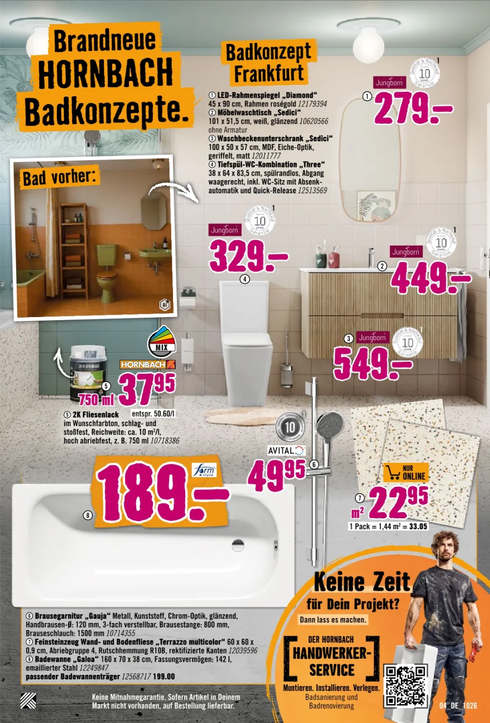 Hornbach Prospekt Oktober 2026 Seite 4 mit Spiegel, Waschtisch, WC-Kombination, Fliesenlack, Badewanne & Fliesen