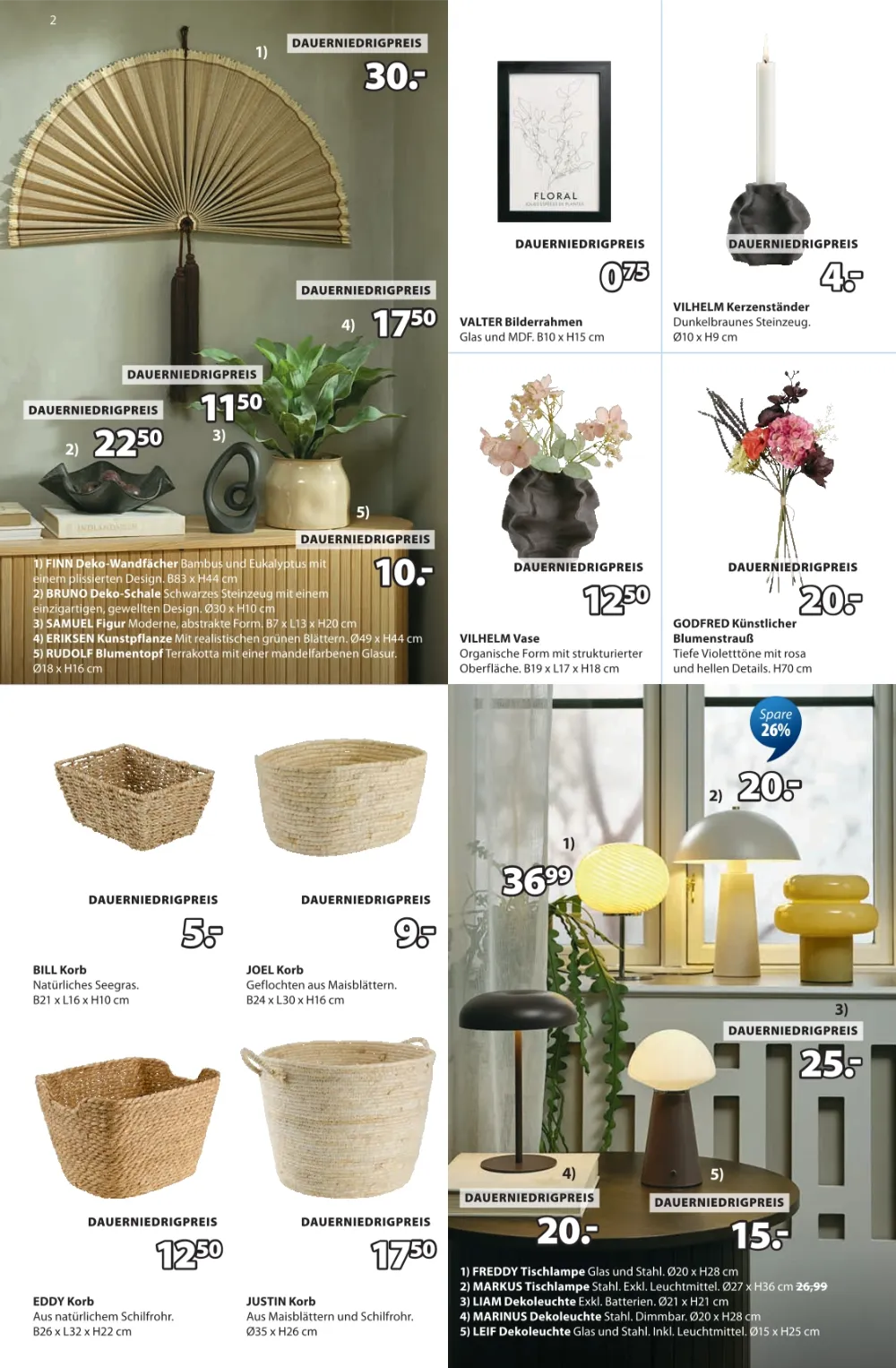 JYSK Prospekt KW 39 Seite 2 mit Deko-Wandfächer, Bilderrahmen, Vase, Körben und Tischlampen.
