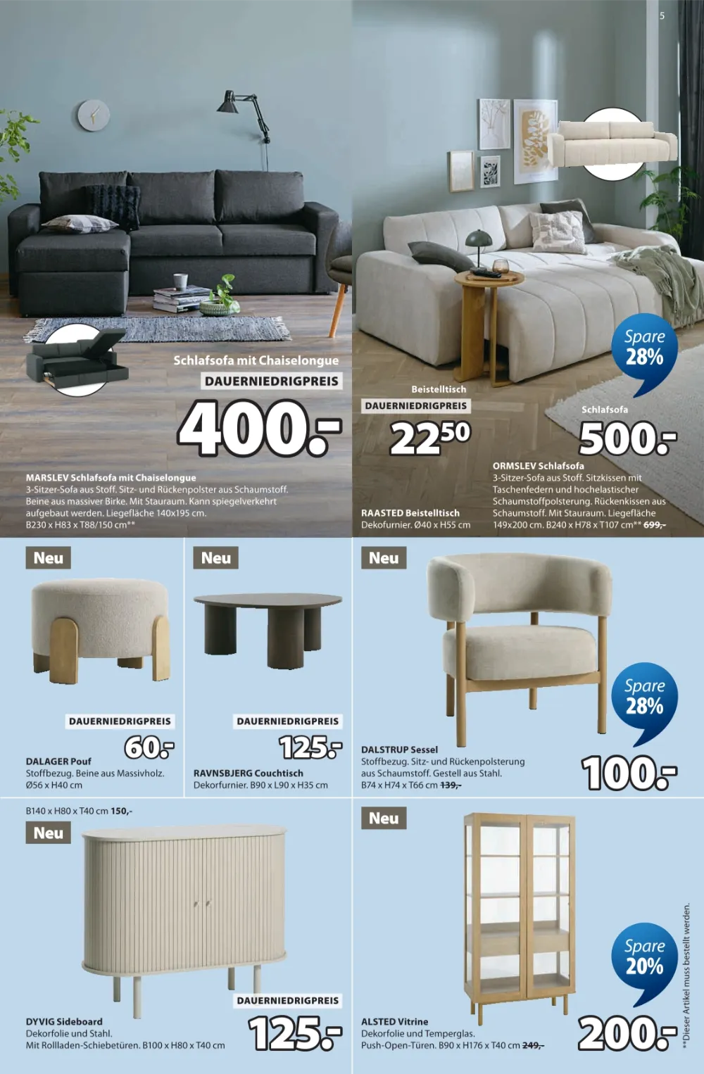 JYSK Prospekt KW 39 Seite 5 mit Schlafsofa, Couchtisch, Sessel, Sideboard und Vitrine.