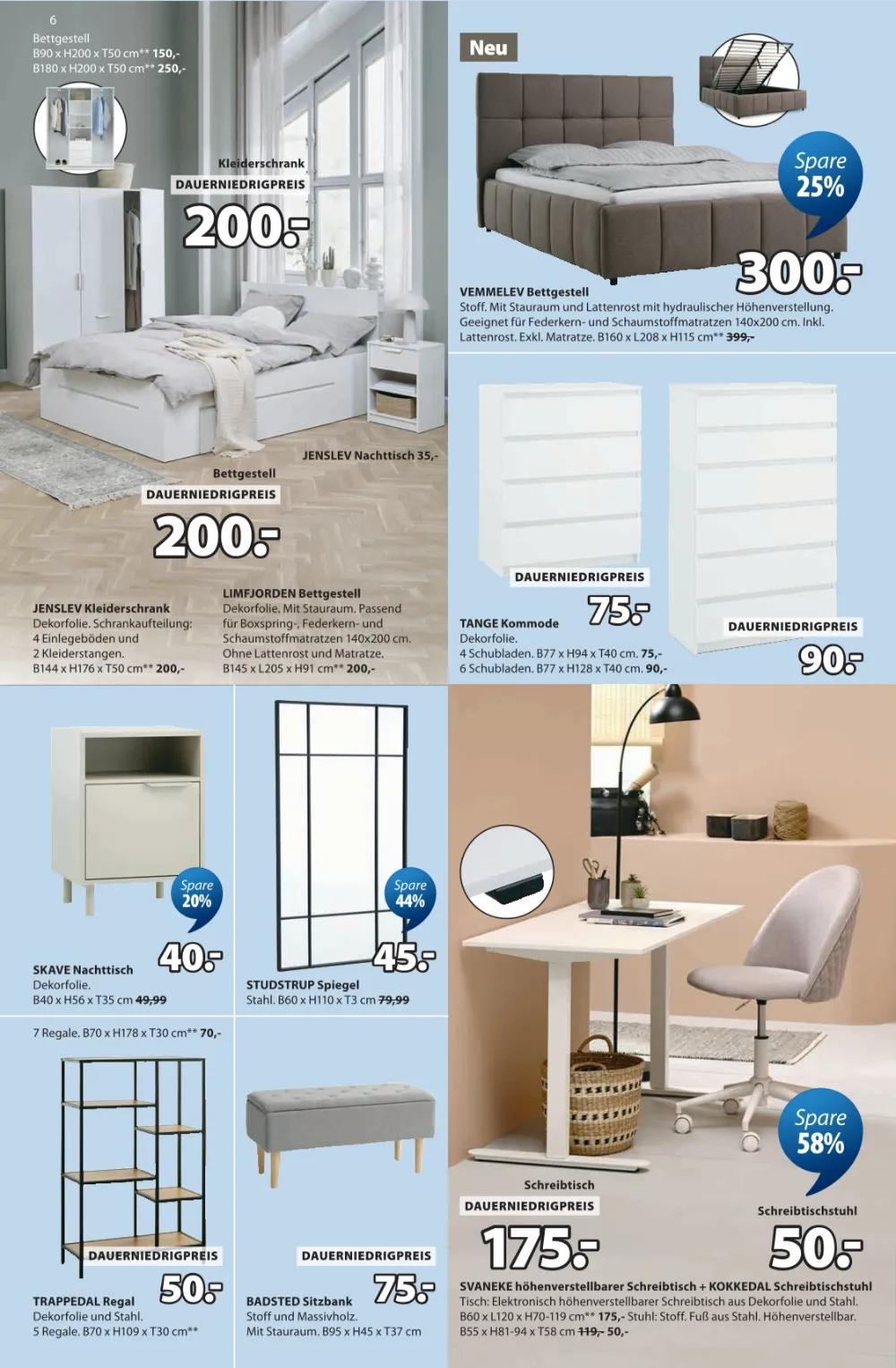 JYSK Prospekt KW 39 Seite 6 mit Kleiderschrank, Bettgestell, Kommode, Regal und Schreibtisch.
