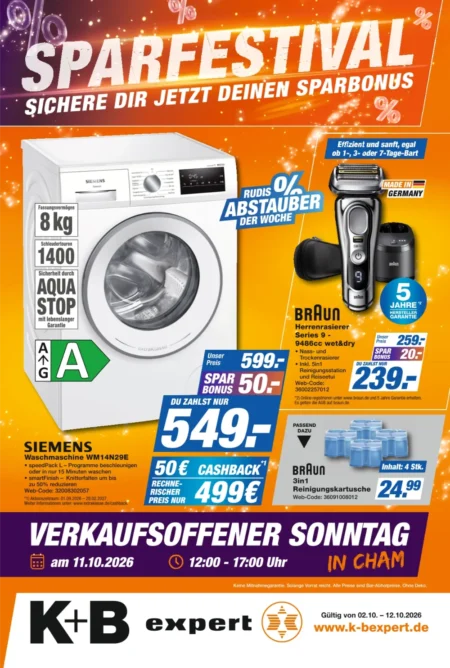 K+B Expert Prospekt ab 02.10.2026 (KW 41) K+B Expert Prospekt ab 02.10.2026 Seite 1 mit Siemens Waschmaschine, Braun Herrenrasierer & Reinigungskartusche
