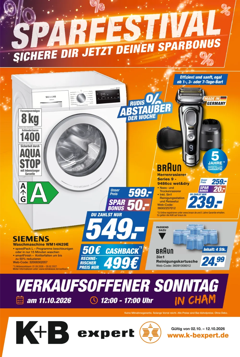 K+B Expert Prospekt ab 02.10.2026 Seite 1 mit Siemens Waschmaschine, Braun Herrenrasierer & Reinigungskartusche