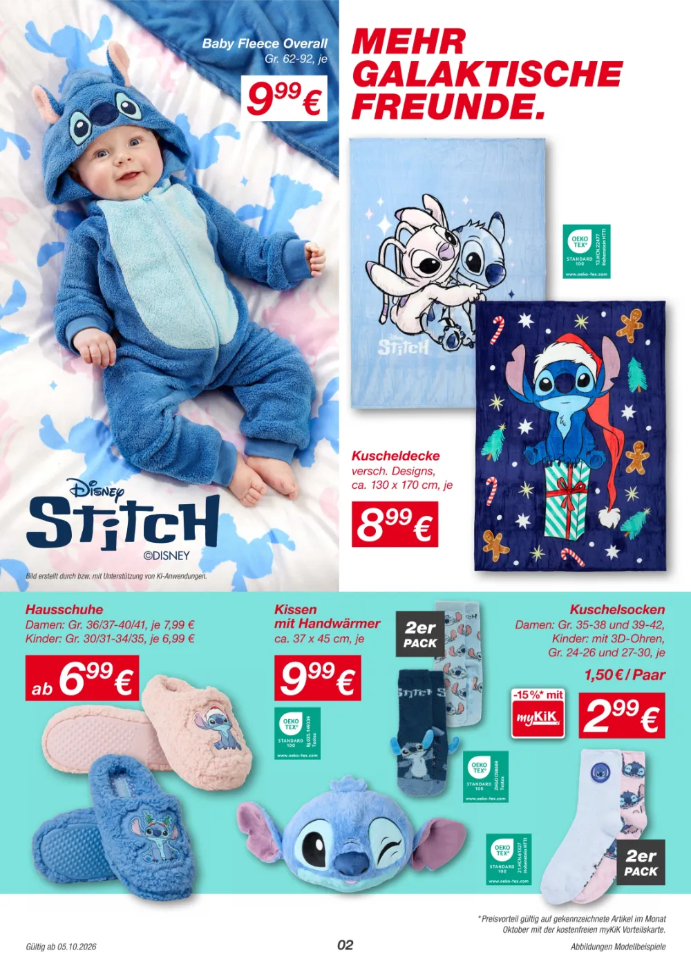 KiK Prospekt KW 41–43 Seite 2 mit Baby Fleece Overall, Stitch Kuscheldecke, Hausschuhen & Kissen