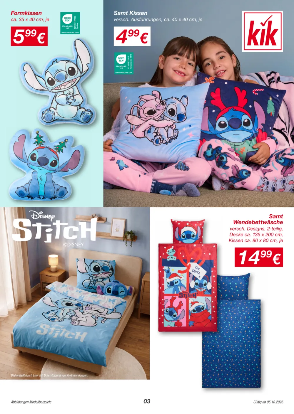 KiK Prospekt KW 41–43 Seite 3 mit Stitch Formkissen, Samtkissen & Samt-Wendebettwäsche