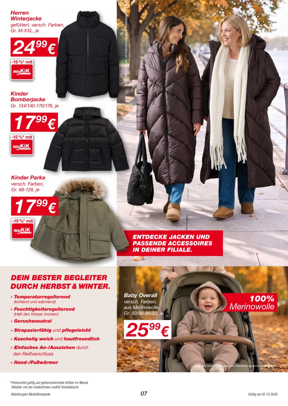 KiK Prospekt KW 41–43 Seite 7 mit Herren-Winterjacke, Kinder-Bomberjacke, Parka & Baby-Overall