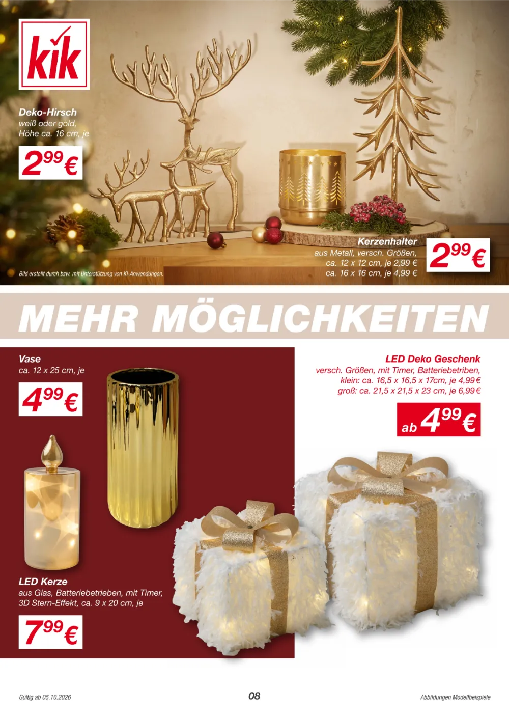 KiK Prospekt KW 41–43 Seite 8 mit Deko-Hirschen, Kerzenhaltern, Vase & LED-Deko-Geschenken