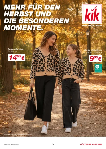 KiK Prospekt ab 14.09.2026 (KW 38 –39) KiK Prospekt ab 14.09.2026 Seite 1 für Damen Cardigan und Kinder Strickjacke