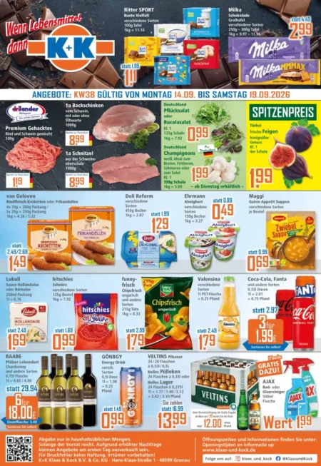 Klaas und Kock Prospekt ab 14.09.2026 (KW 38) K+K Prospekt ab 14.09.2026 Seite 1 mit Milka Schokolade, Ritter Sport, Schweineschnitzel, Feigen und Coca-Cola