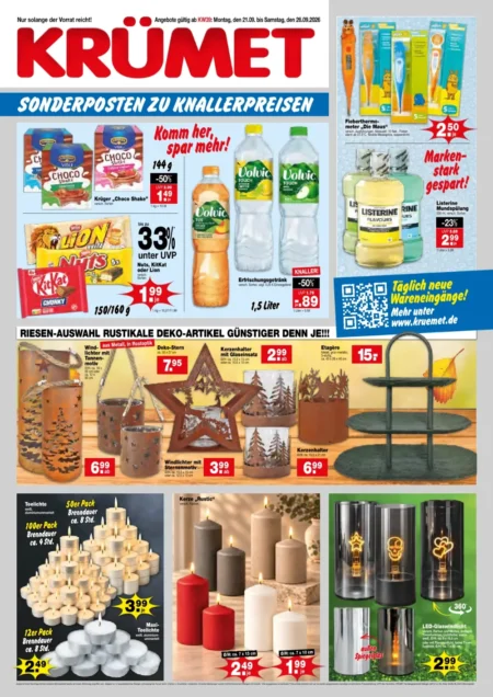 Krümet Prospekt ab 21.09.2026 (KW 39) Krümet Prospekt ab 21.09.2026 Seite 1 mit Krüger Choco Shake, Volvic, KitKat, Listerine, Windlichtern und Teelichtern