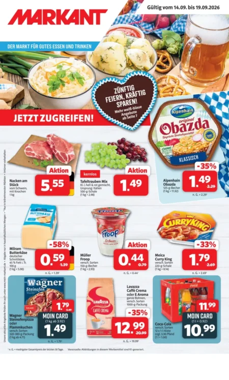Markant Prospekt ab 14.09.2026 (Nordwest) Markant Nordwest Prospekt ab 14.09.2026 Seite 1 für Nacken am Stück, Obazda, Froop, Steinofenpizza und Coca-Cola