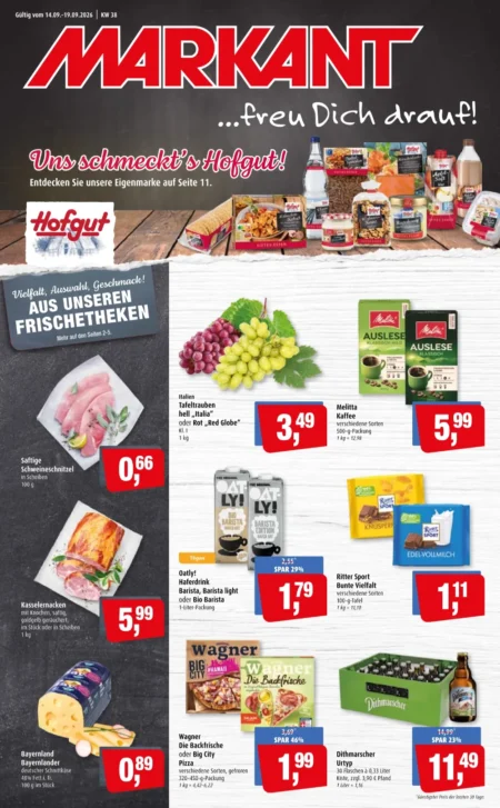 Markant Prospekt ab 14.09.2026 (KW 38) Nord Markant Prospekt ab 14.09.2026 Seite 1 für Tafeltrauben, Melitta Kaffee, Oatly Haferdrink, Kasselernacken und Wagner Pizza