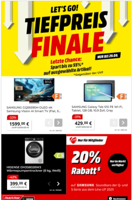 MediaMarkt Angebote im Prospekt ab 22.09.2026 (KW 39) MediaMarkt Angebote ab 22.09.2026 Seite 1 mit Angeboten für Samsung Smart TV, Galaxy Tab S10 FE und Hisense Trockner.